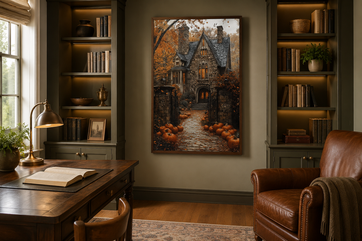 Vertical canvas art of a gothic haunted house with a pumpkin-lined path in a dark academia study.