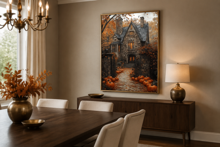 Haunted house and pumpkin path Halloween canvas art hanging in a modern dining room.