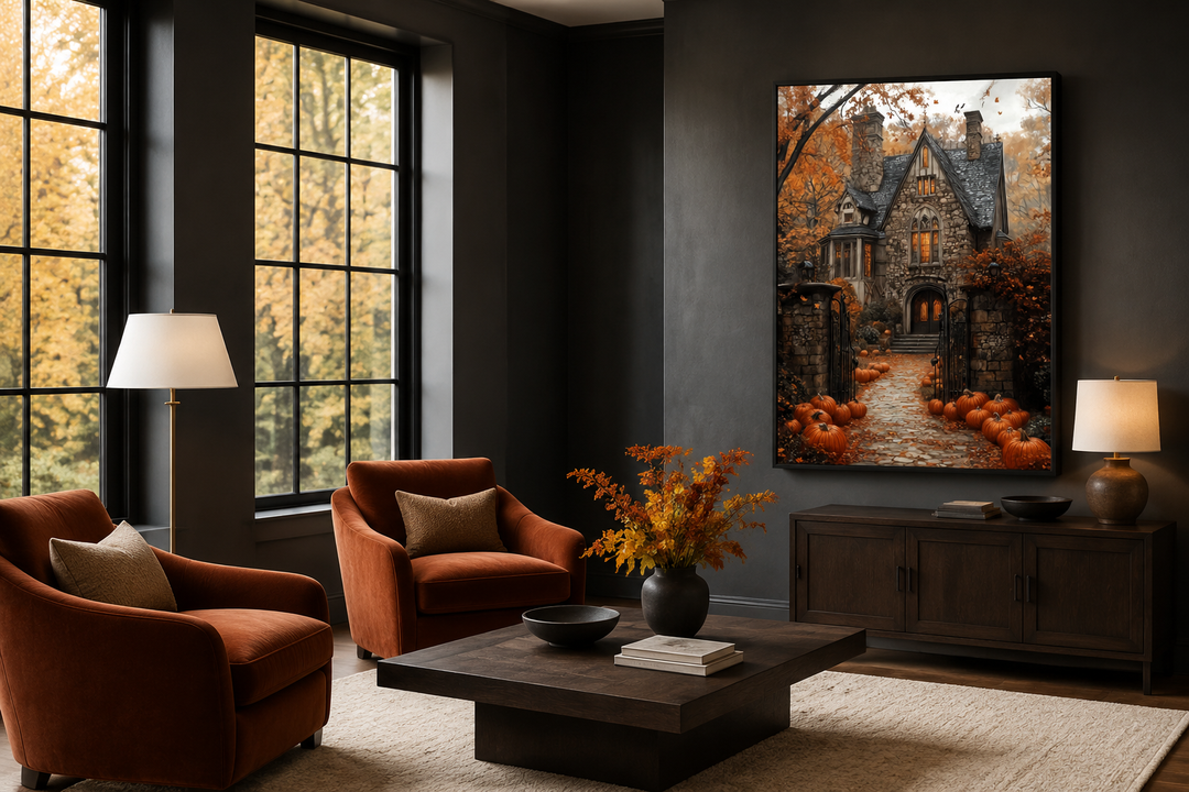 Haunted House and Pumpkin Path Halloween canvas art in a dark, modern living room setting.