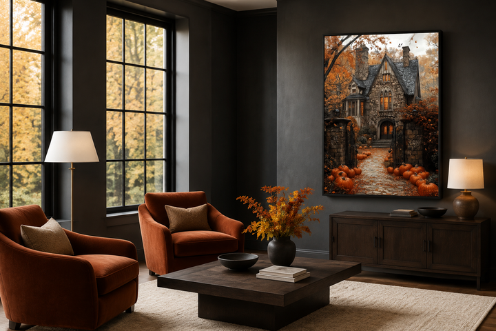 Haunted House and Pumpkin Path Halloween canvas art in a dark, modern living room setting.
