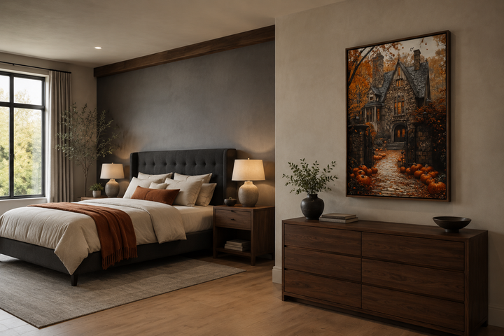 Vertical canvas art of a gothic haunted house with a pumpkin-lined path in a bedroom setting.
