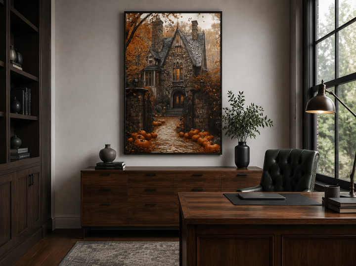 Haunted house canvas art with a pumpkin-lined path in a dark academia office setting.