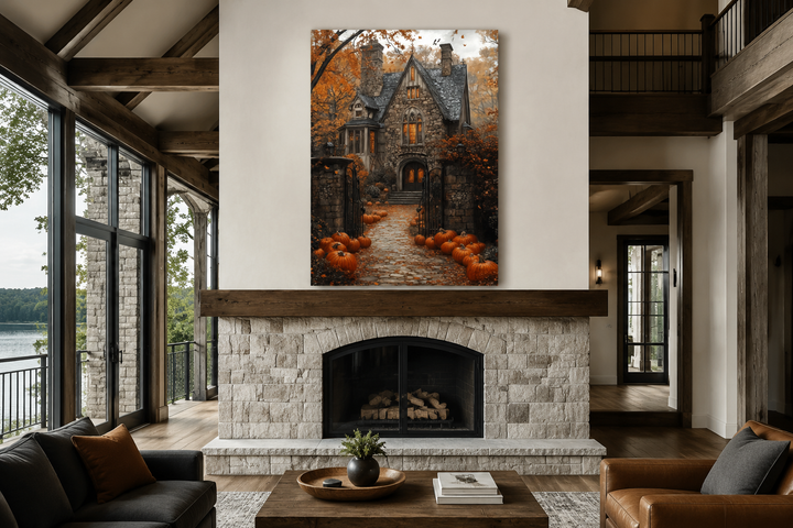 Haunted house and pumpkin path canvas art hanging above a stone fireplace in a rustic living room.