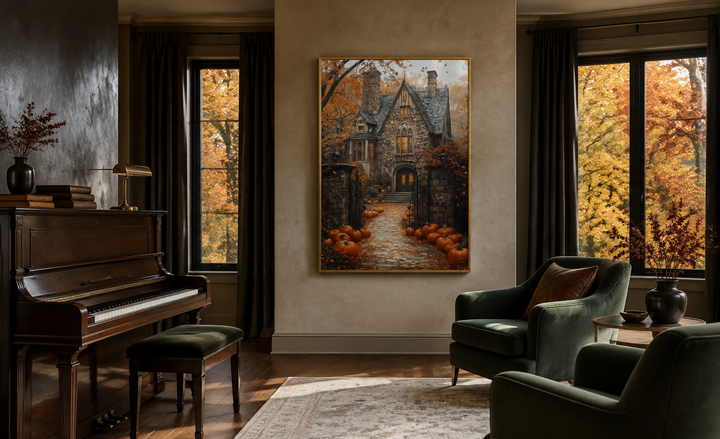 Vertical canvas art of a gothic haunted house with a pumpkin-lined path in a moody living room.