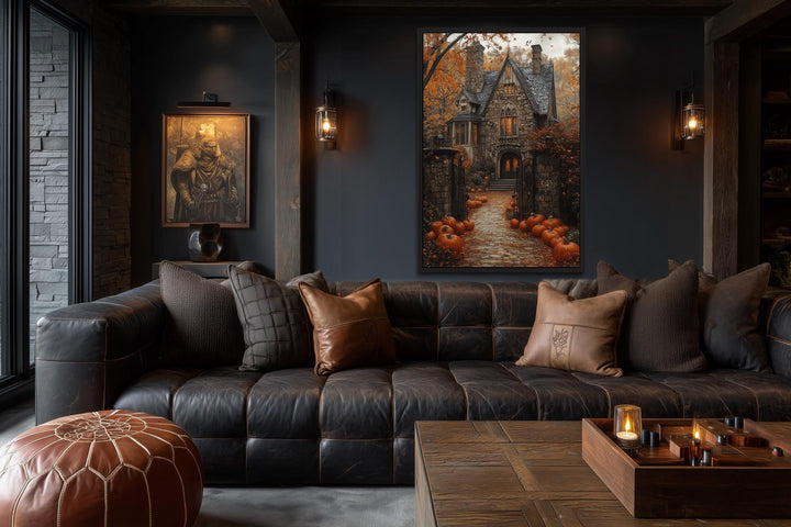Haunted House and Pumpkin Path Halloween canvas art displayed in a dark, moody living room.