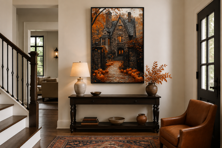 Haunted House and Pumpkin Path Halloween canvas art displayed above a console table in a home entryway.
