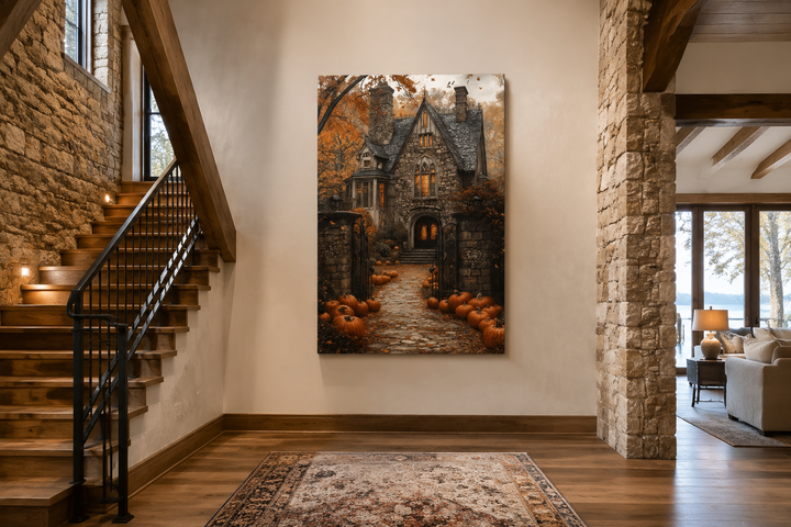 Haunted House and Pumpkin Path Halloween canvas art displayed in a rustic stone entryway.