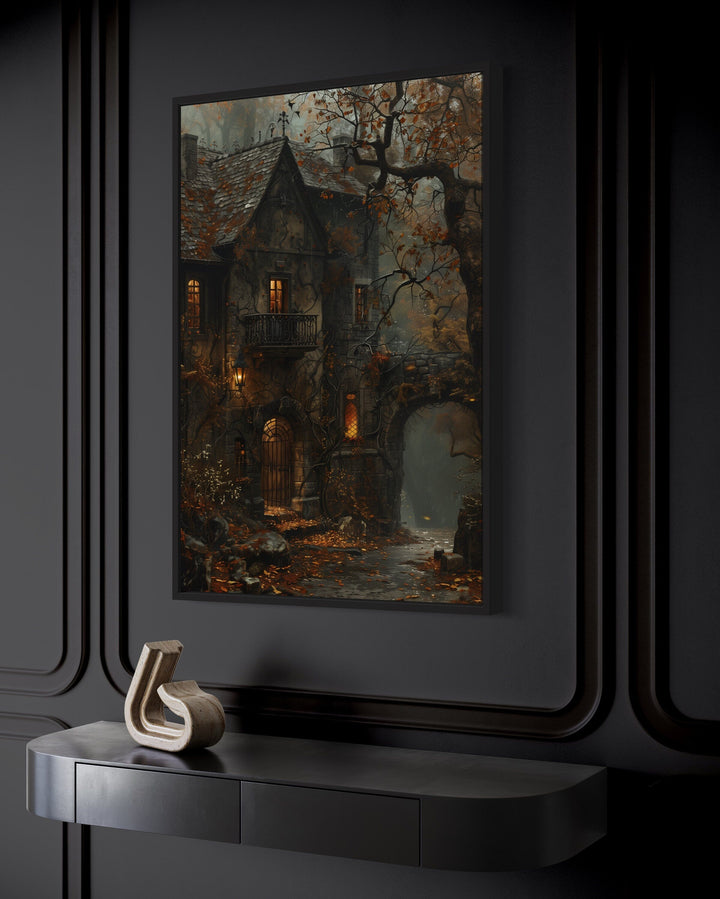 Framed canvas art of a haunted Victorian house in autumn.