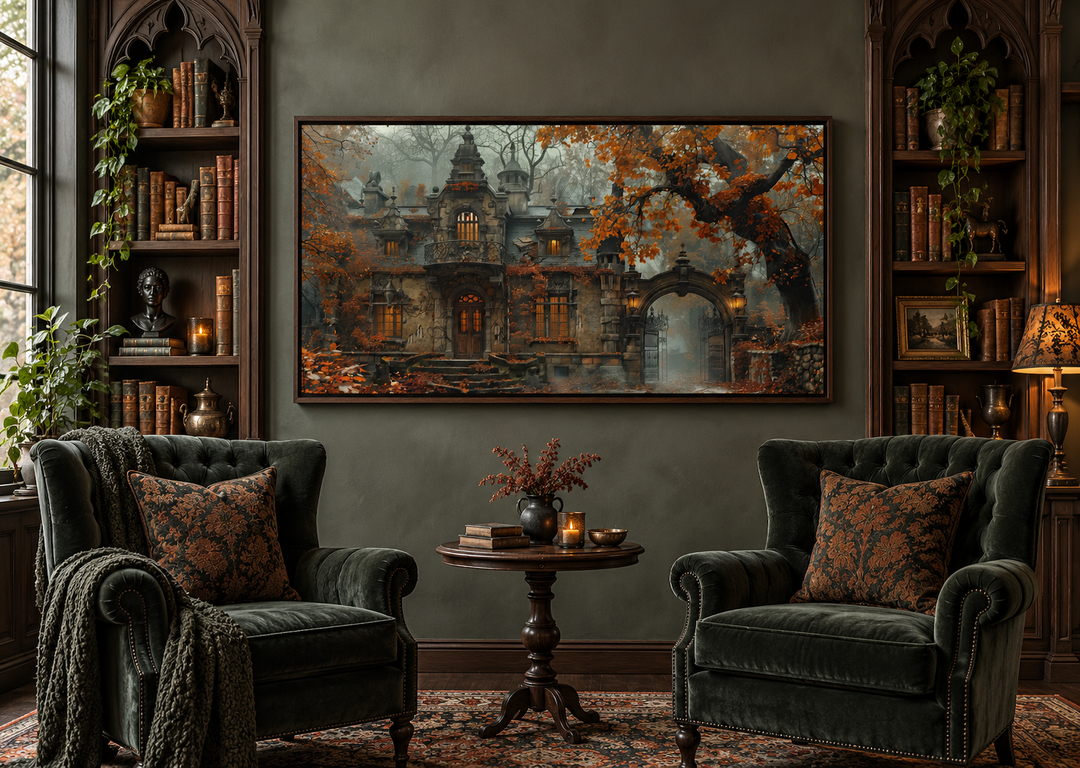 Framed canvas of a gothic Victorian mansion in an autumn fog, hung in a moody, dark-toned library.