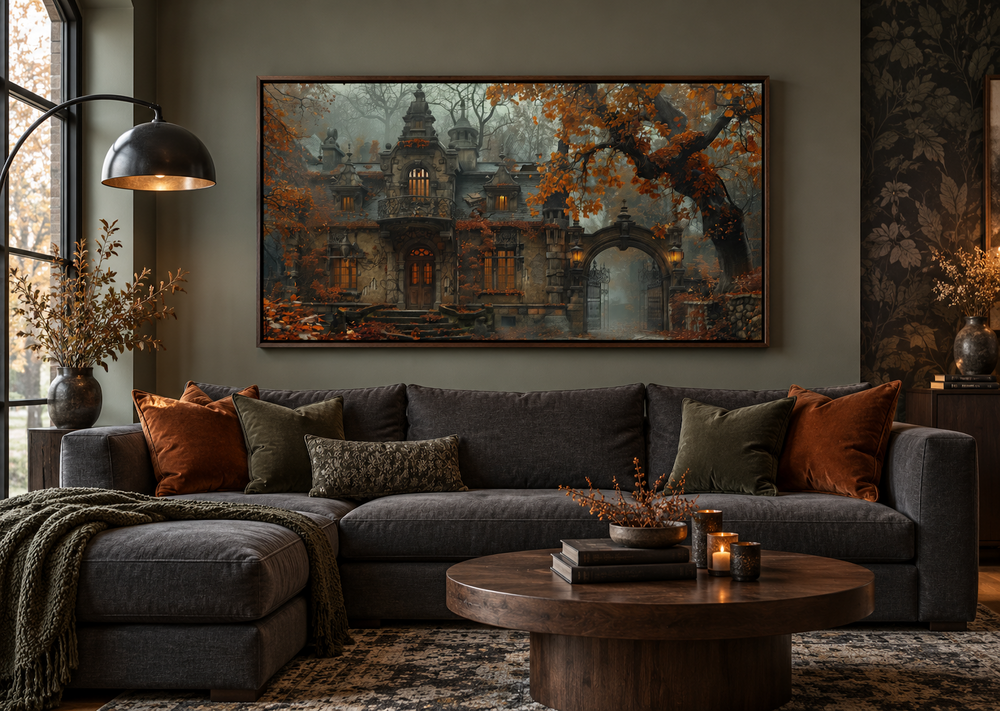 Gothic Victorian house canvas art in a moody living room with autumn foliage and fog scene.