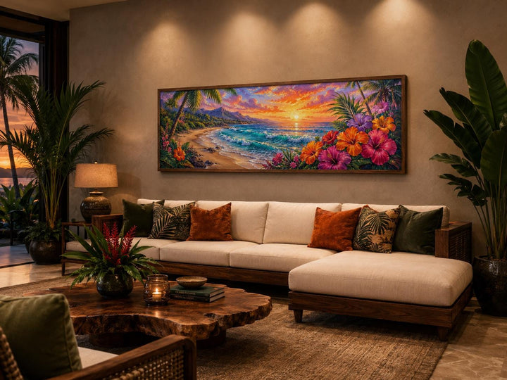 Vibrant Hawaiian beach sunset canvas print with tropical flowers above a sofa in a living room.
