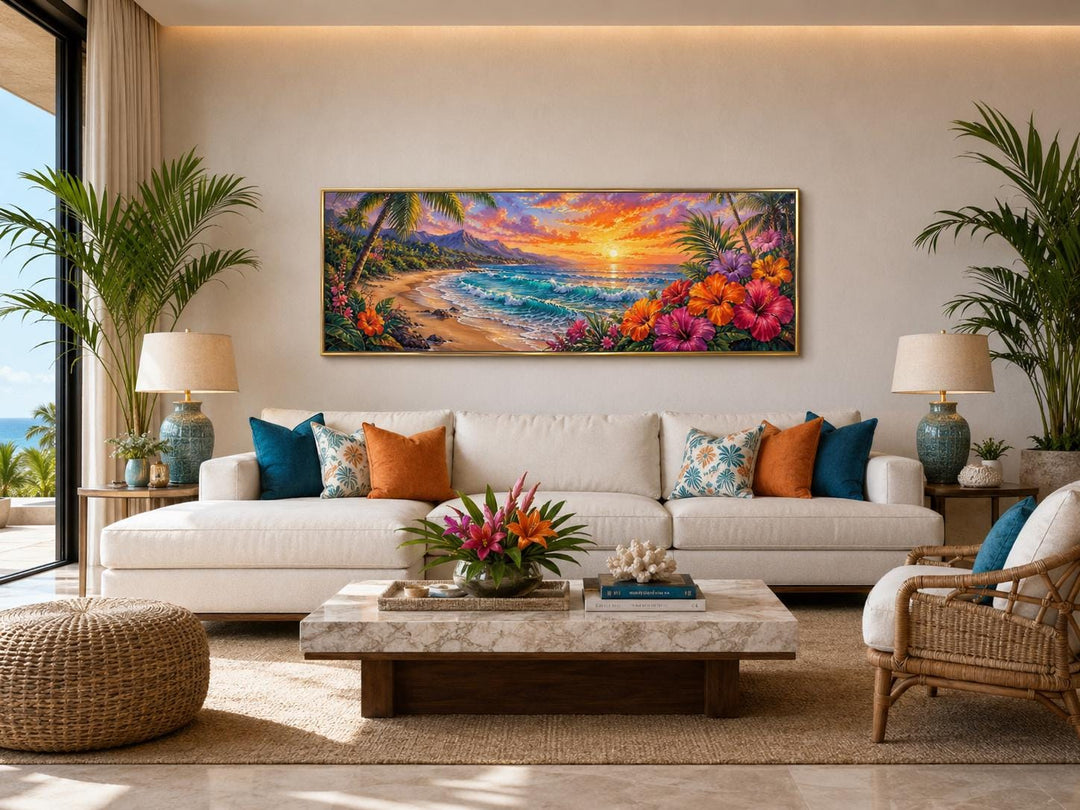 Vibrant Hawaiian beach sunset canvas print above a white sofa in a tropical-themed living room.