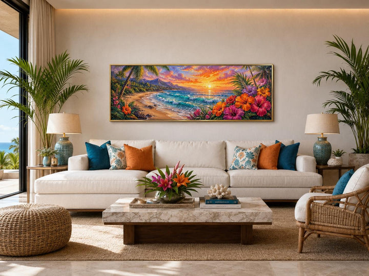Vibrant Hawaiian beach sunset canvas print above a white sofa in a tropical-themed living room.