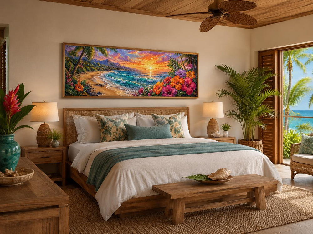 Vibrant Hawaiian beach sunset canvas print with tropical flowers above a bed in a coastal bedroom.