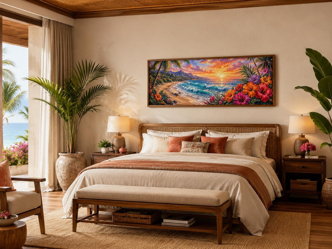 Vibrant Hawaiian beach sunset canvas print with tropical flowers hanging above a bed in a bedroom.