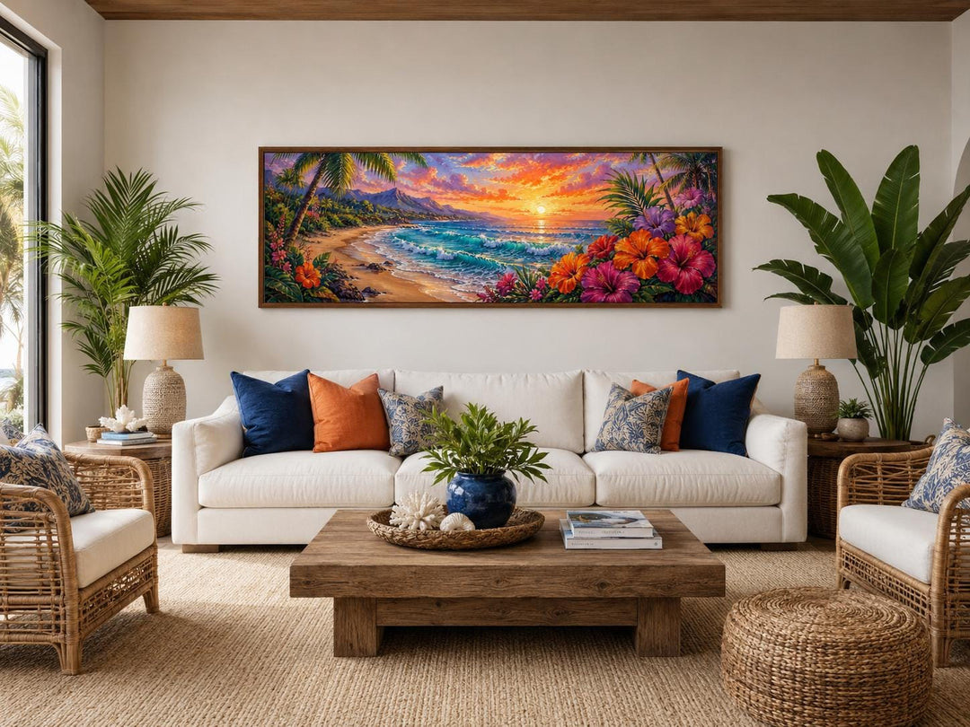 Vibrant Hawaiian beach sunset canvas print with tropical flowers above a white sofa.