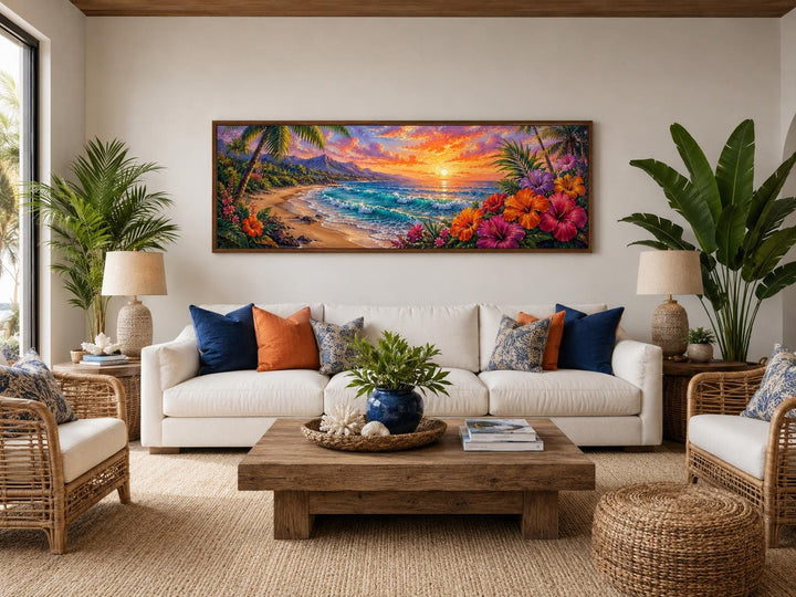 Vibrant Hawaiian beach sunset canvas print with tropical flowers above a white sofa.