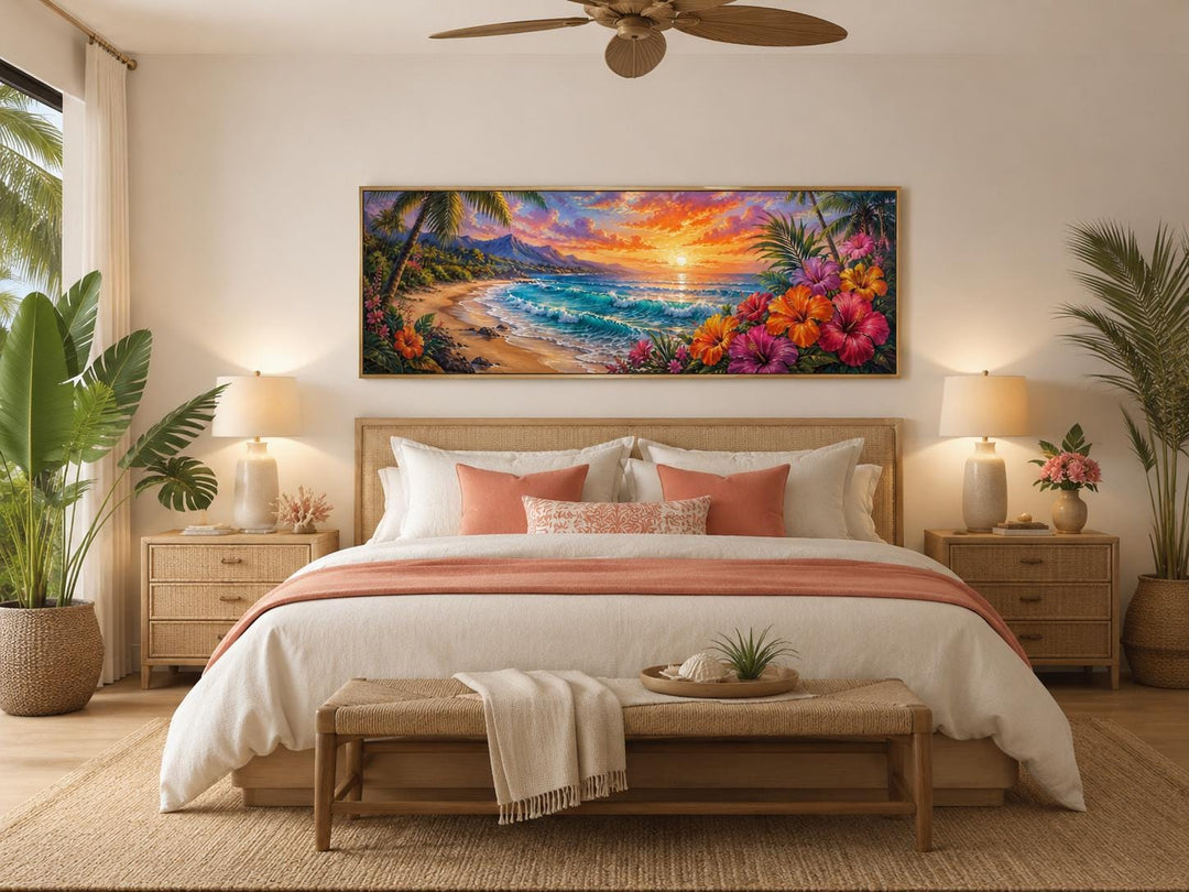 Vibrant Hawaiian beach sunset canvas print above a bed in a tropical-themed bedroom.