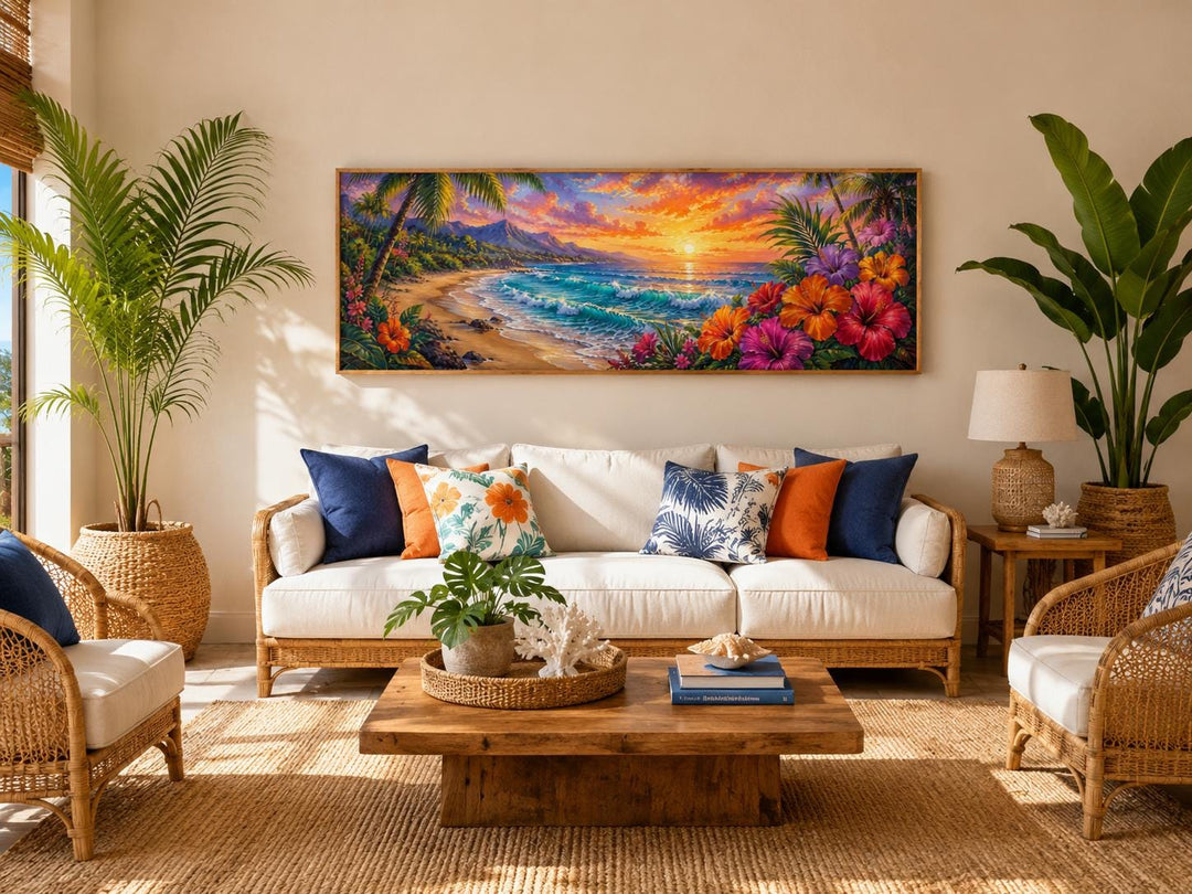 Vibrant Hawaiian beach sunset canvas print above a sofa in a tropical-style living room.