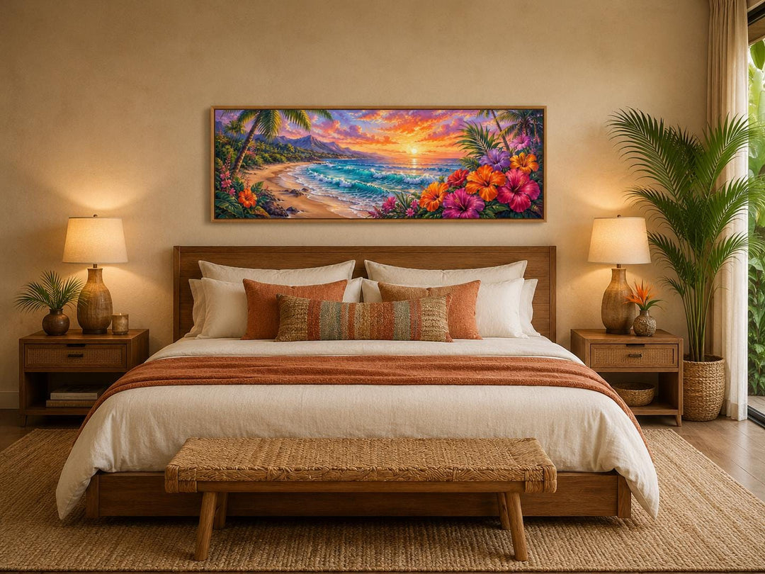 Vibrant Hawaiian beach sunset canvas print with tropical flowers above a bed in a neutral bedroom.