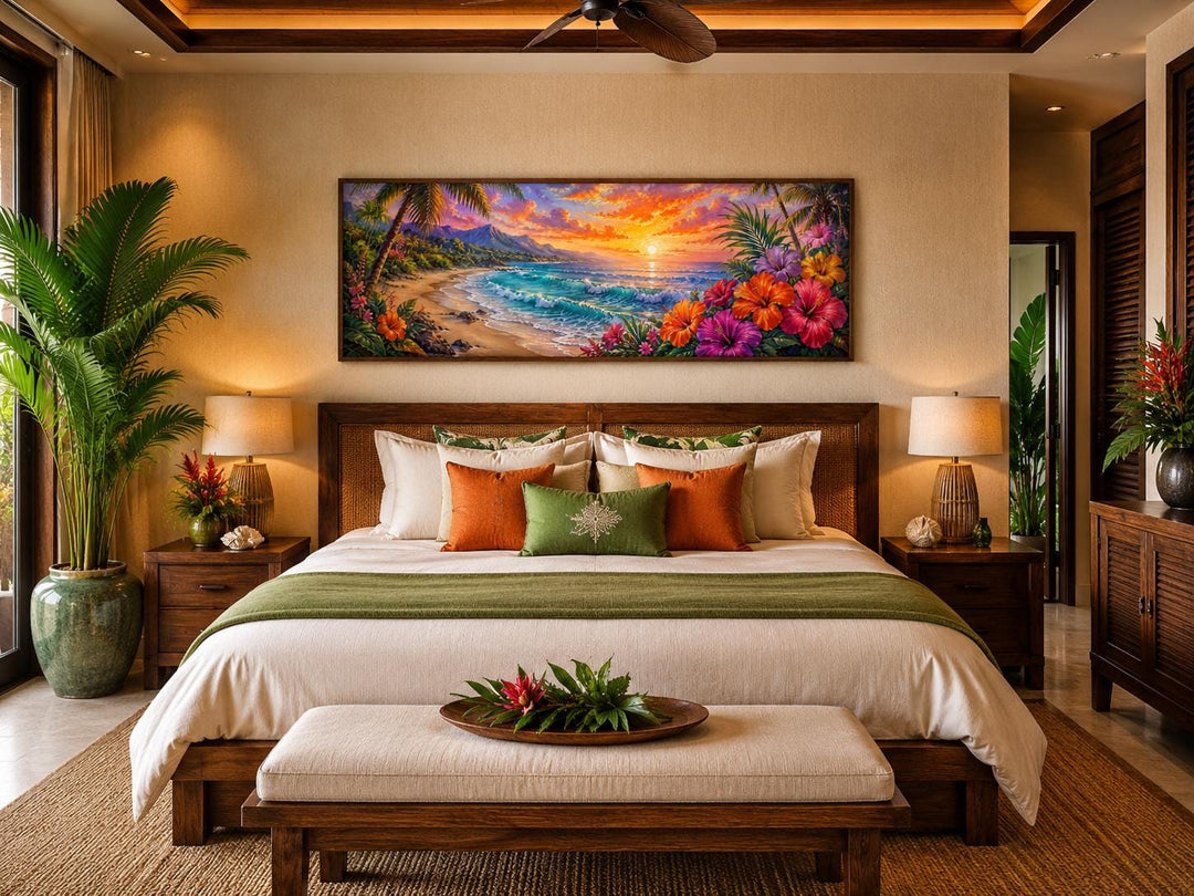 Hawaiian beach canvas print with vibrant sunset and tropical flowers above a bed in a bedroom.