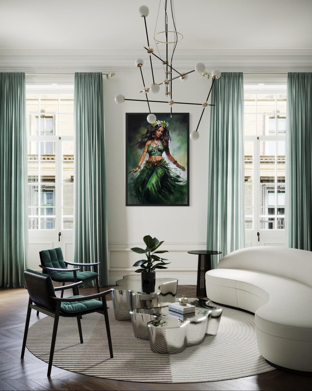 A framed canvas print of a Hawaiian hula dancer in a green dress hangs in a modern living room.