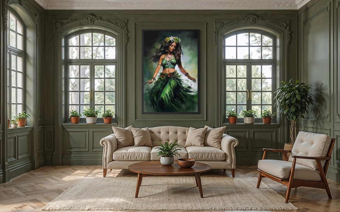 A framed canvas print of a Hawaiian hula dancer in a green dress hangs in a classic green room.