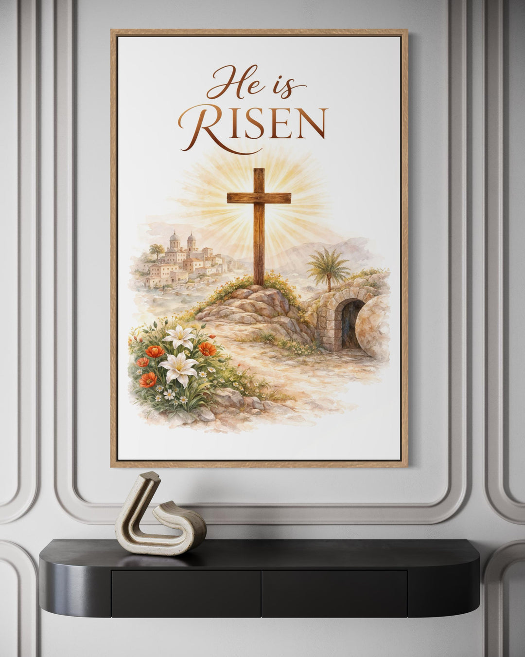 He Is Risen Christian Easter wall art featuring a cross and empty tomb in a watercolor style.