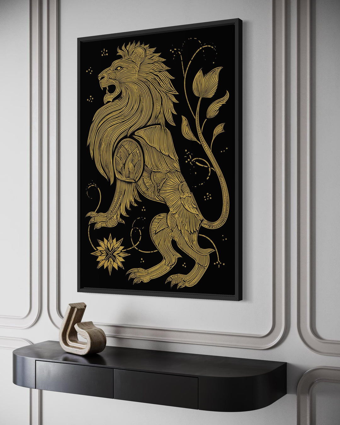 Heraldic lion wall art in black and gold canvas print displayed above a modern black console table.