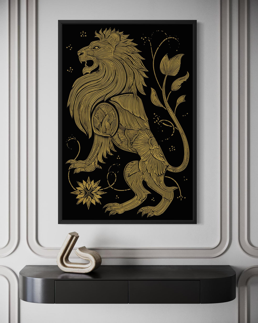 Heraldic black and gold lion canvas print displayed in a modern interior setting.