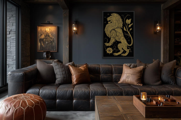 A regal black and gold heraldic lion canvas print displayed in a dark, sophisticated living room.