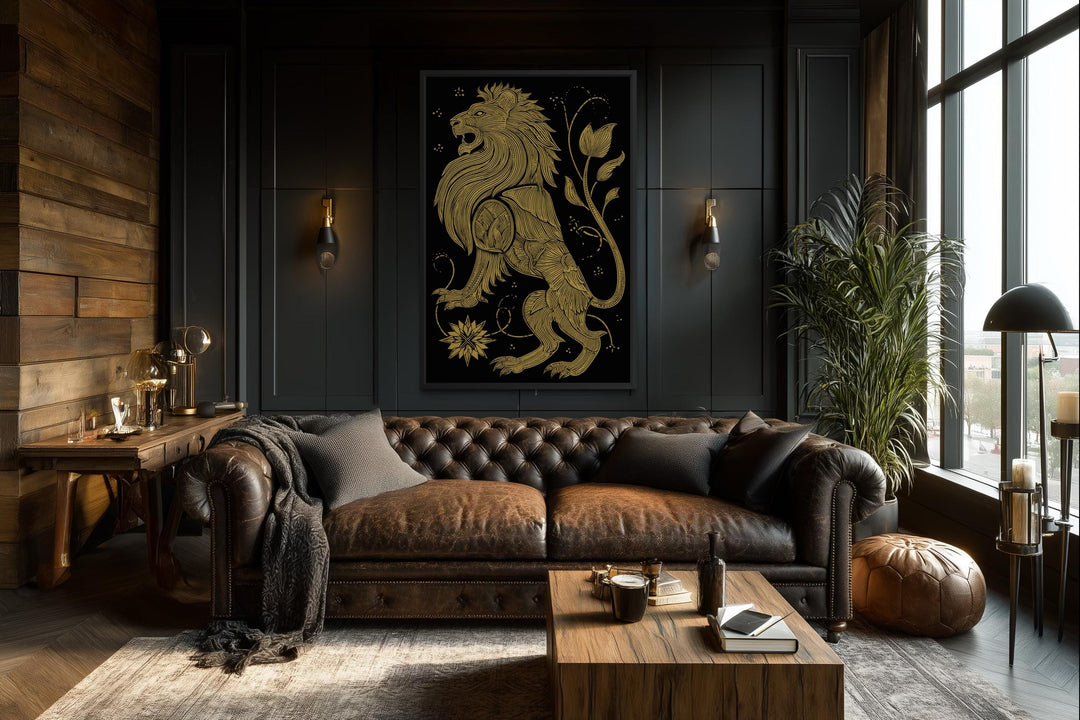 Heraldic lion wall art in black and gold displayed in a dark, sophisticated living room.