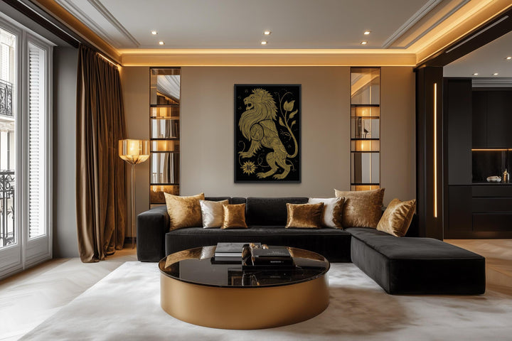 Heraldic lion wall art in black and gold displayed above a modern sofa in a luxury living room.