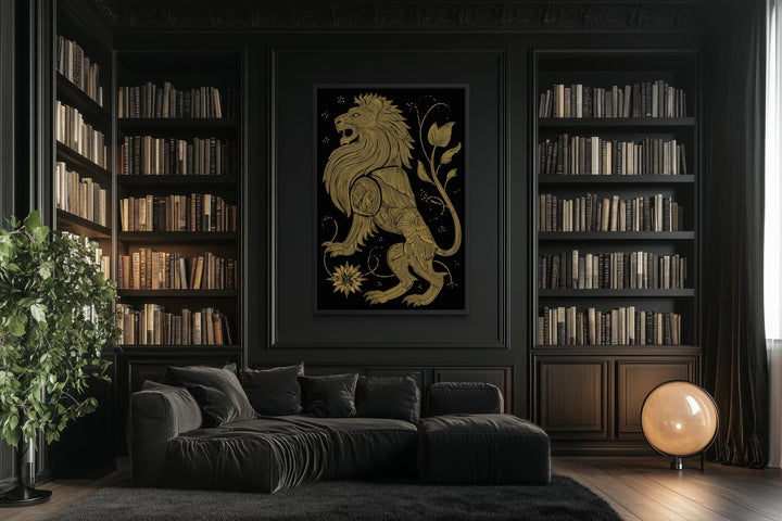 Heraldic lion wall art in black and gold displayed in a dark, sophisticated library setting.