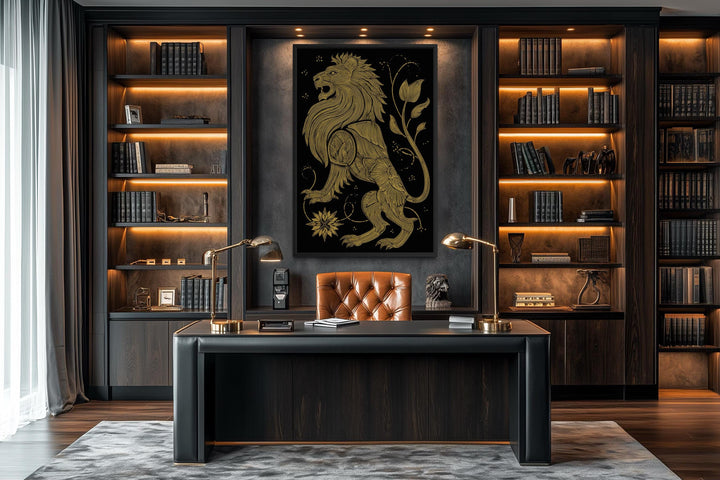 A vertical black and gold heraldic lion canvas print hangs centered in a dark, modern home office.