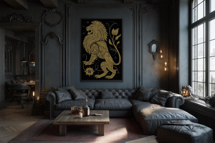 Heraldic lion wall art featuring a gold lion on a black canvas in a dark, moody living room.