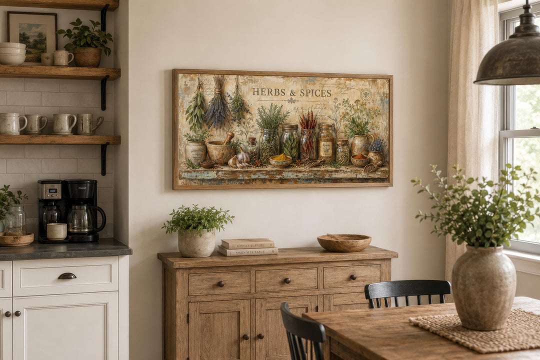 Vintage-style Herbs and Spices canvas wall art displayed in a warm, rustic kitchen setting.