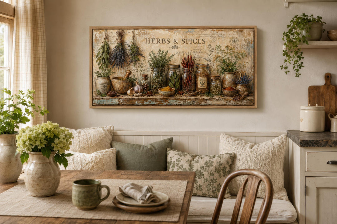 Vintage-style Herbs and Spices canvas wall art displayed in a rustic kitchen dining area.