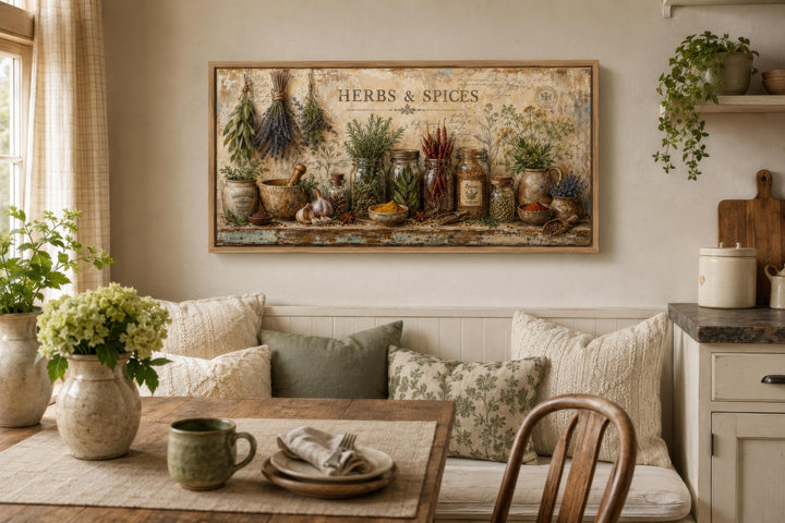 Vintage-style Herbs and Spices canvas wall art displayed in a rustic kitchen dining area.