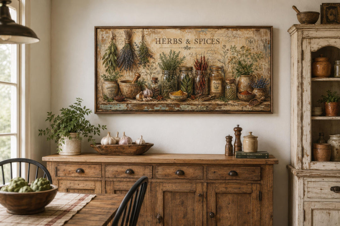 Vintage Herbs and Spices canvas wall art displayed above a rustic wooden sideboard in a kitchen.