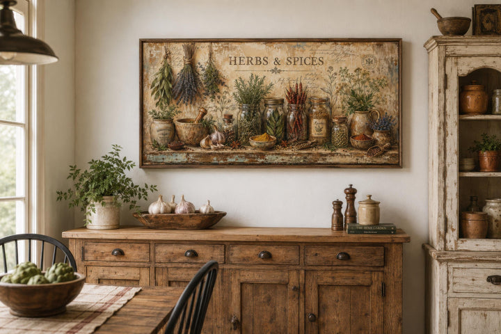 Vintage Herbs and Spices canvas wall art displayed above a rustic wooden sideboard in a kitchen.