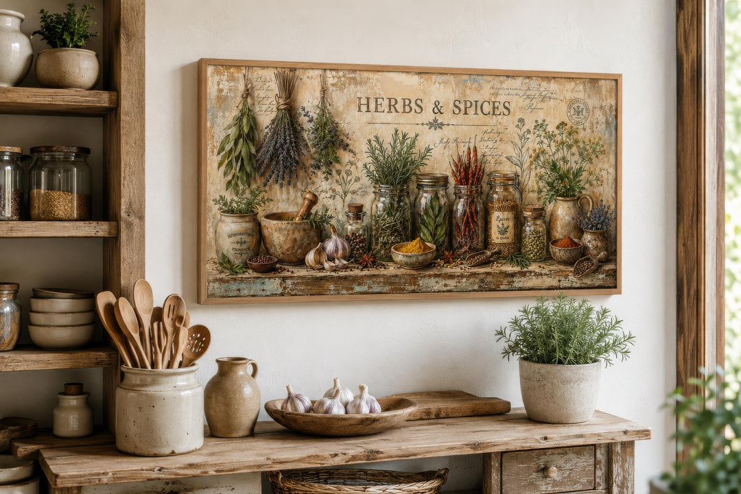 Vintage herbs and spices canvas wall art in a rustic kitchen setting.
