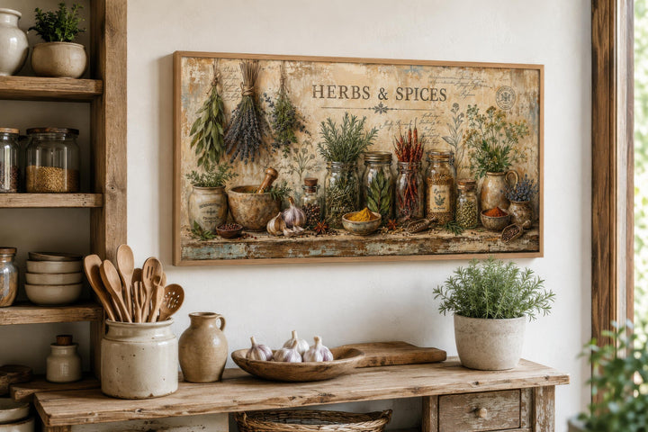 Vintage herbs and spices canvas wall art in a rustic kitchen setting.