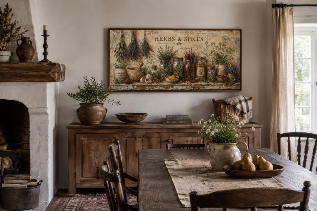 Vintage-style Herbs and Spices canvas wall art featuring a detailed still life of kitchen botanicals.