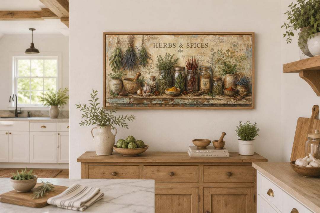 Vintage-style herbs and spices canvas wall art in a horizontal frame above a wooden sideboard.