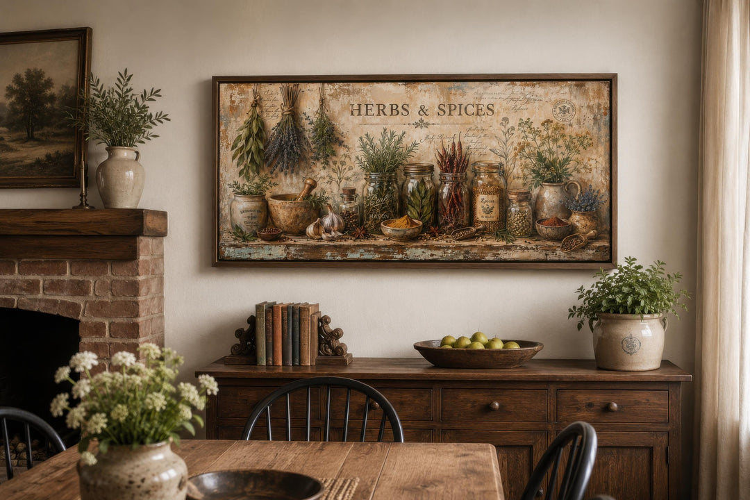 Vintage-style Herbs and Spices canvas wall art displayed above a wooden sideboard in a dining room.