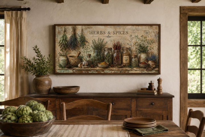 Vintage-style Herbs and Spices canvas wall art featuring a detailed still life of kitchen botanicals.
