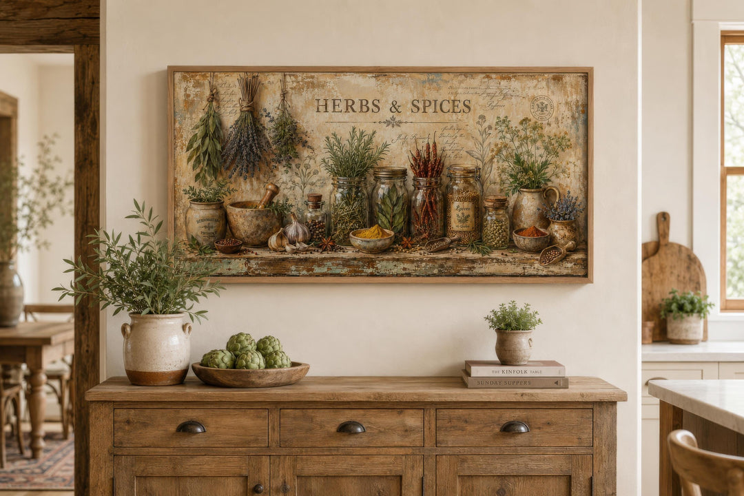 Vintage-style Herbs and Spices canvas wall art displayed above a rustic wooden sideboard.
