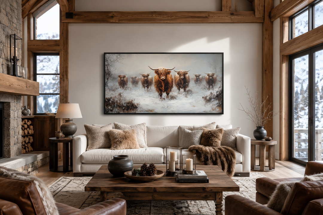 Large horizontal framed canvas art of a herd of Highland cows in a snowy field above a white sofa.