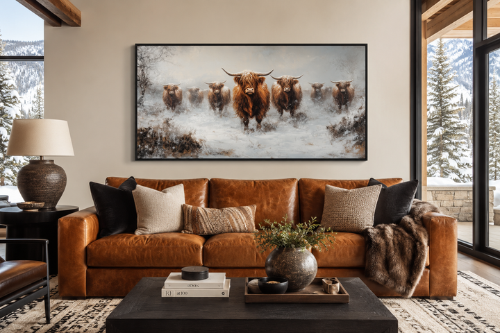 Framed canvas wall art of a herd of Highland cows in a snowy field above a brown leather sofa.
